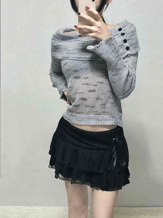 Delicate Fit Off-Shoulder Ribbed Knit with Button Details