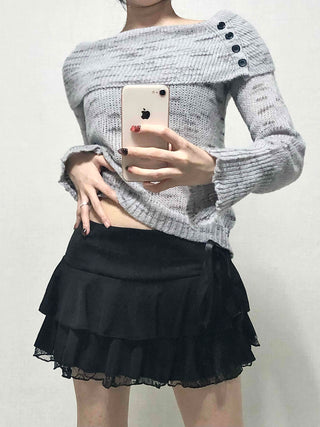 Delicate Fit Off-Shoulder Ribbed Knit with Button Details