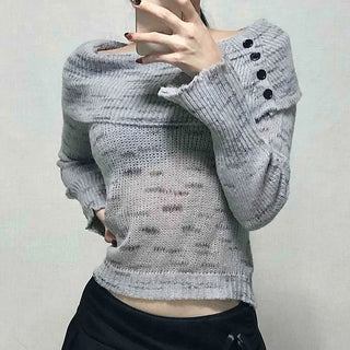 Delicate Fit Off-Shoulder Ribbed Knit with Button Details