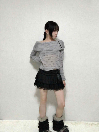 Delicate Fit Off-Shoulder Ribbed Knit with Button Details