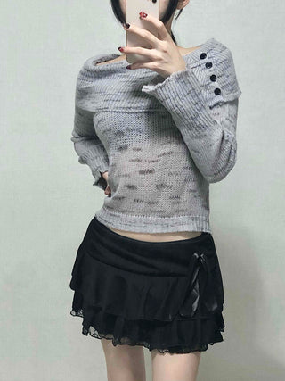 Delicate Fit Off-Shoulder Ribbed Knit with Button Details