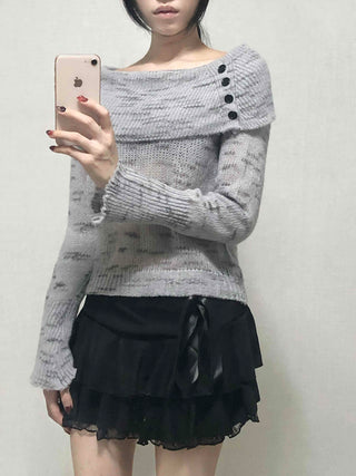Delicate Fit Off-Shoulder Ribbed Knit with Button Details