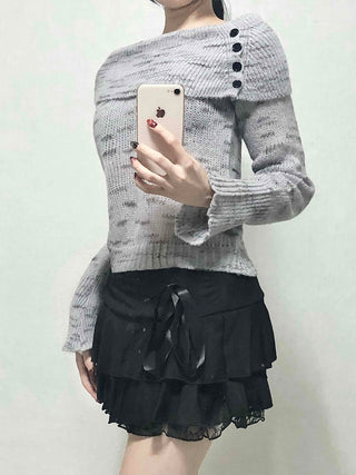 Delicate Fit Off-Shoulder Ribbed Knit with Button Details