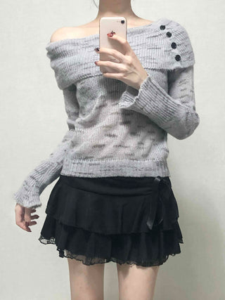 Delicate Fit Off-Shoulder Ribbed Knit with Button Details