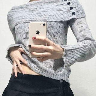Delicate Fit Off-Shoulder Ribbed Knit with Button Details