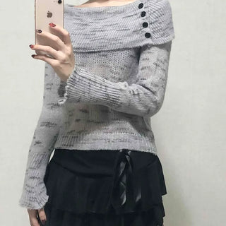 Delicate Fit Off-Shoulder Ribbed Knit with Button Details