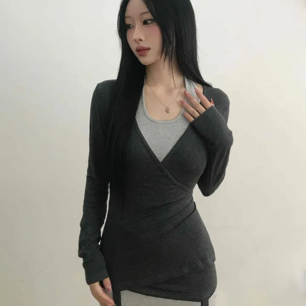 Layered Wrap Collar Slim Knit Dress