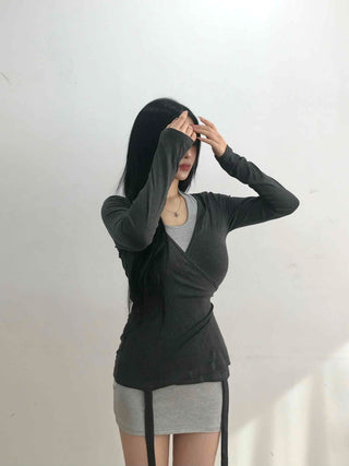 Layered Wrap Collar Slim Knit Dress