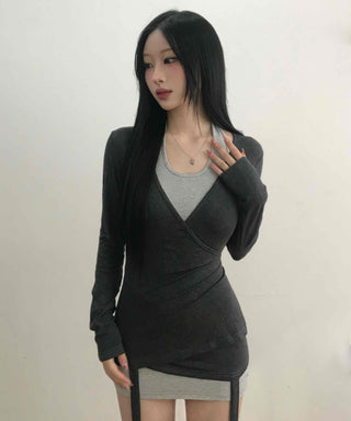 Layered Wrap Collar Slim Knit Dress
