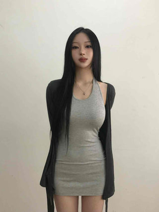 Layered Wrap Collar Slim Knit Dress