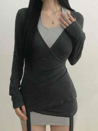 Layered Wrap Collar Slim Knit Dress