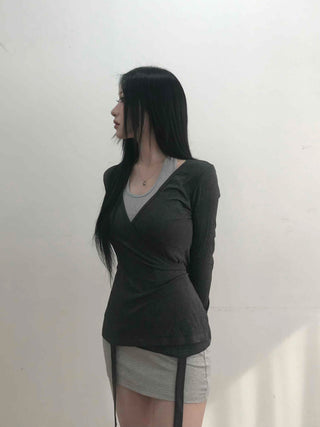 Layered Wrap Collar Slim Knit Dress