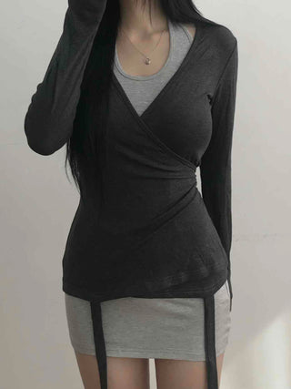 Layered Wrap Collar Slim Knit Dress