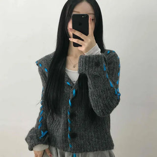 Contrast Cross Stitch Puff Short Cardigan