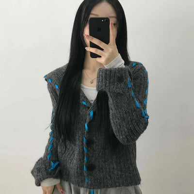 Contrast Cross Stitch Puff Short Cardigan