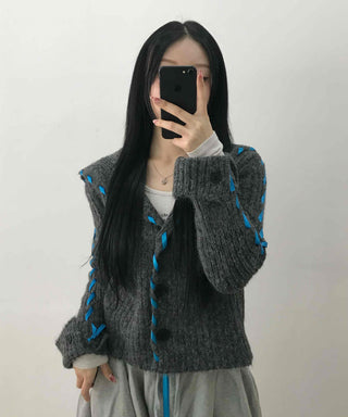 Contrast Cross Stitch Puff Short Cardigan