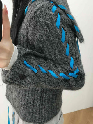 Contrast Cross Stitch Puff Short Cardigan