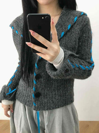 Contrast Cross Stitch Puff Short Cardigan