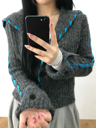 Contrast Cross Stitch Puff Short Cardigan