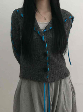 Contrast Cross Stitch Puff Short Cardigan