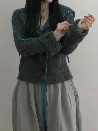 Contrast Cross Stitch Puff Short Cardigan