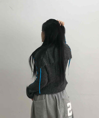Contrast Cross Stitch Puff Short Cardigan