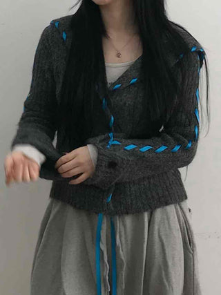 Contrast Cross Stitch Puff Short Cardigan