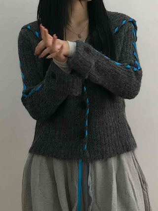 Contrast Cross Stitch Puff Short Cardigan