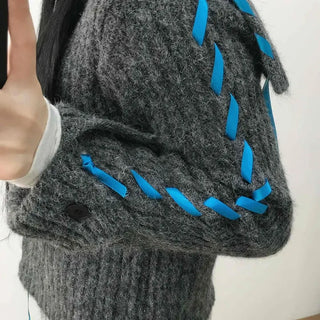 Contrast Cross Stitch Puff Short Cardigan