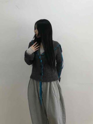Contrast Cross Stitch Puff Short Cardigan
