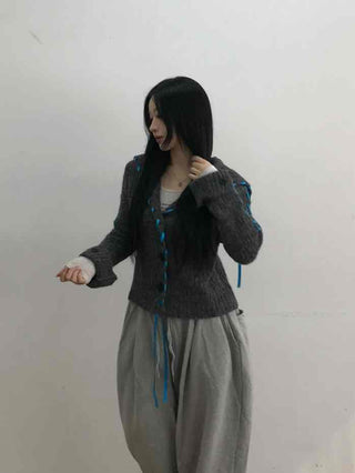 Contrast Cross Stitch Puff Short Cardigan