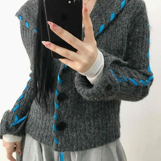 Contrast Cross Stitch Puff Short Cardigan