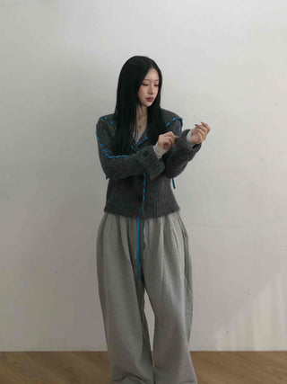 Contrast Cross Stitch Puff Short Cardigan