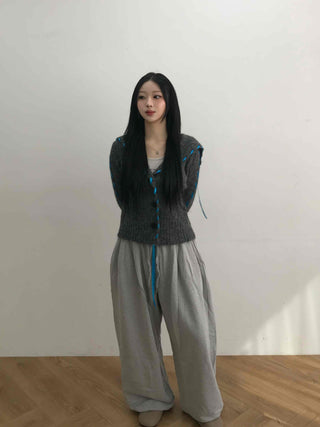 Contrast Cross Stitch Puff Short Cardigan