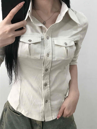 Soft Mood Double Pocket Puff Sleeve Cotton Shirt
