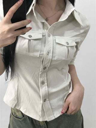 Soft Mood Double Pocket Puff Sleeve Cotton Shirt