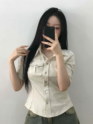 Soft Mood Double Pocket Puff Sleeve Cotton Shirt