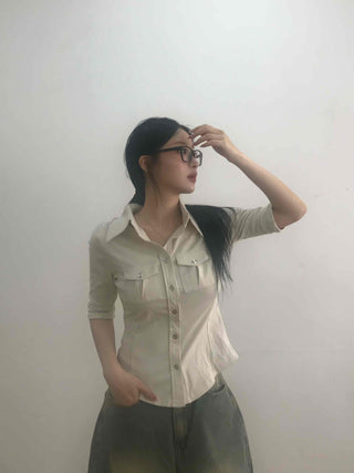 Soft Mood Double Pocket Puff Sleeve Cotton Shirt