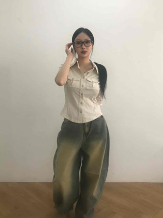 Soft Mood Double Pocket Puff Sleeve Cotton Shirt