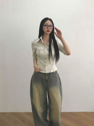 Soft Mood Double Pocket Puff Sleeve Cotton Shirt