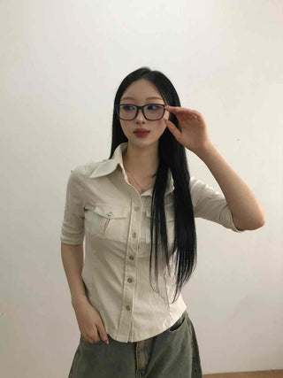 Soft Mood Double Pocket Puff Sleeve Cotton Shirt