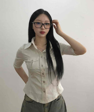 Soft Mood Double Pocket Puff Sleeve Cotton Shirt