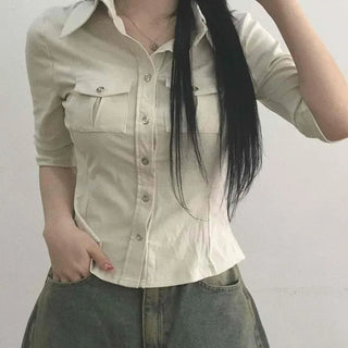 Soft Mood Double Pocket Puff Sleeve Cotton Shirt