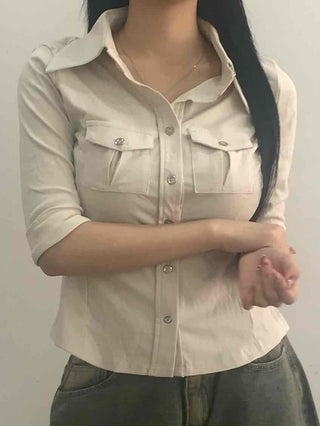 Soft Mood Double Pocket Puff Sleeve Cotton Shirt