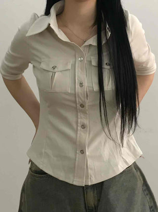 Soft Mood Double Pocket Puff Sleeve Cotton Shirt