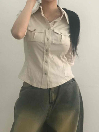 Soft Mood Double Pocket Puff Sleeve Cotton Shirt