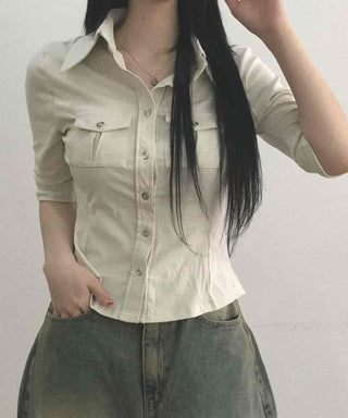 Soft Mood Double Pocket Puff Sleeve Cotton Shirt