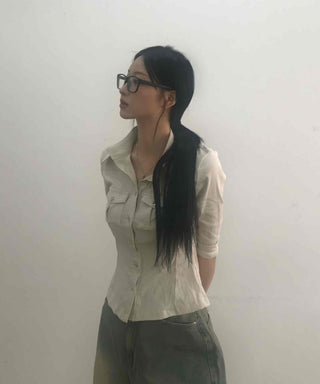Soft Mood Double Pocket Puff Sleeve Cotton Shirt