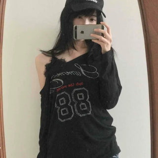 88 Lettering Beads Off-Shoulder Loose Fit Long Sleeve Tee