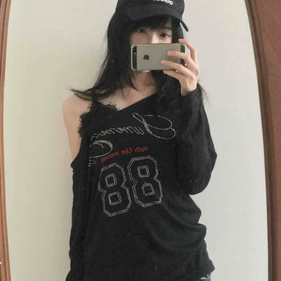 88 Lettering Beads Off-Shoulder Loose Fit Long Sleeve Tee